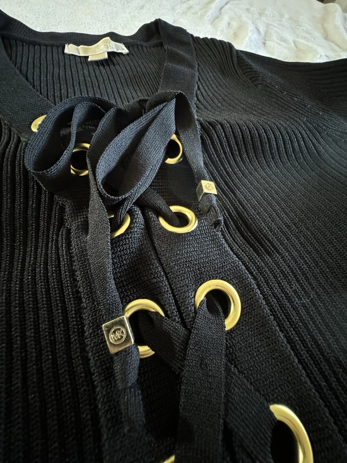 Maglione Michael Kors M elasticizzato nero cravatta stringata a costine FANTASTICO