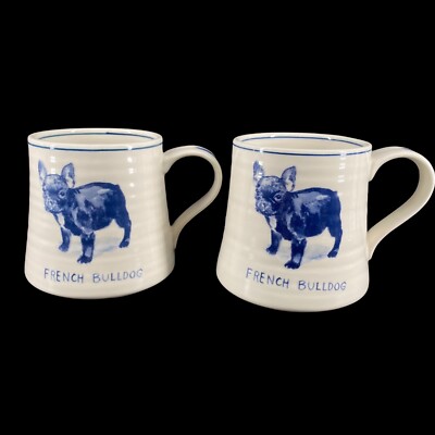 2 Anthropologie Molly Hatch French Bulldog Frenchies Stoneware Mug Cup Blue