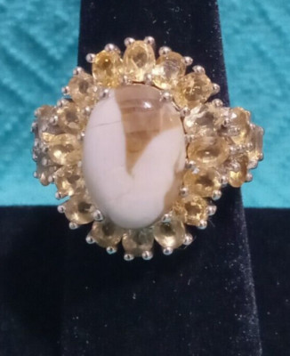 STS Brown-Tan Agate & 22 Ambar Gemstone 925 Sterling Silver Ring 7-1/2 (#0038)