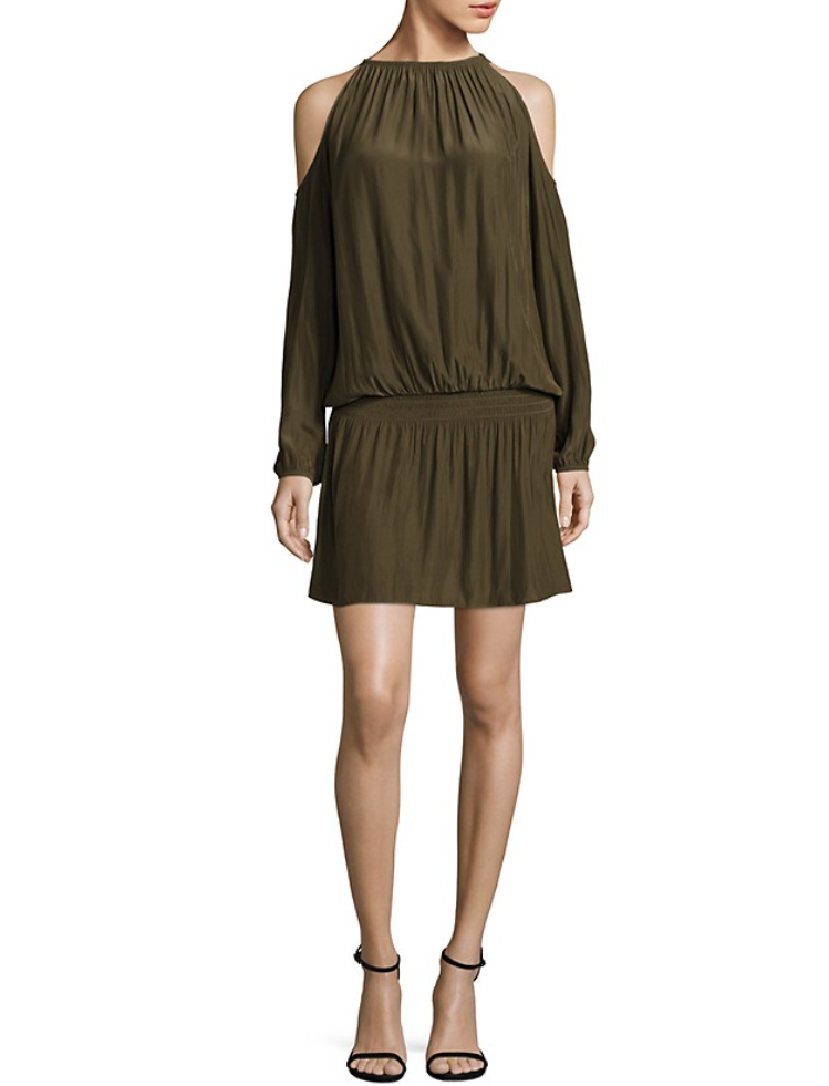 $425 NWT RAMY BROOK SzS LONG SLEEVE COLD SHOULDER SHIRRED WAIST DRESS GREEN  | eBay