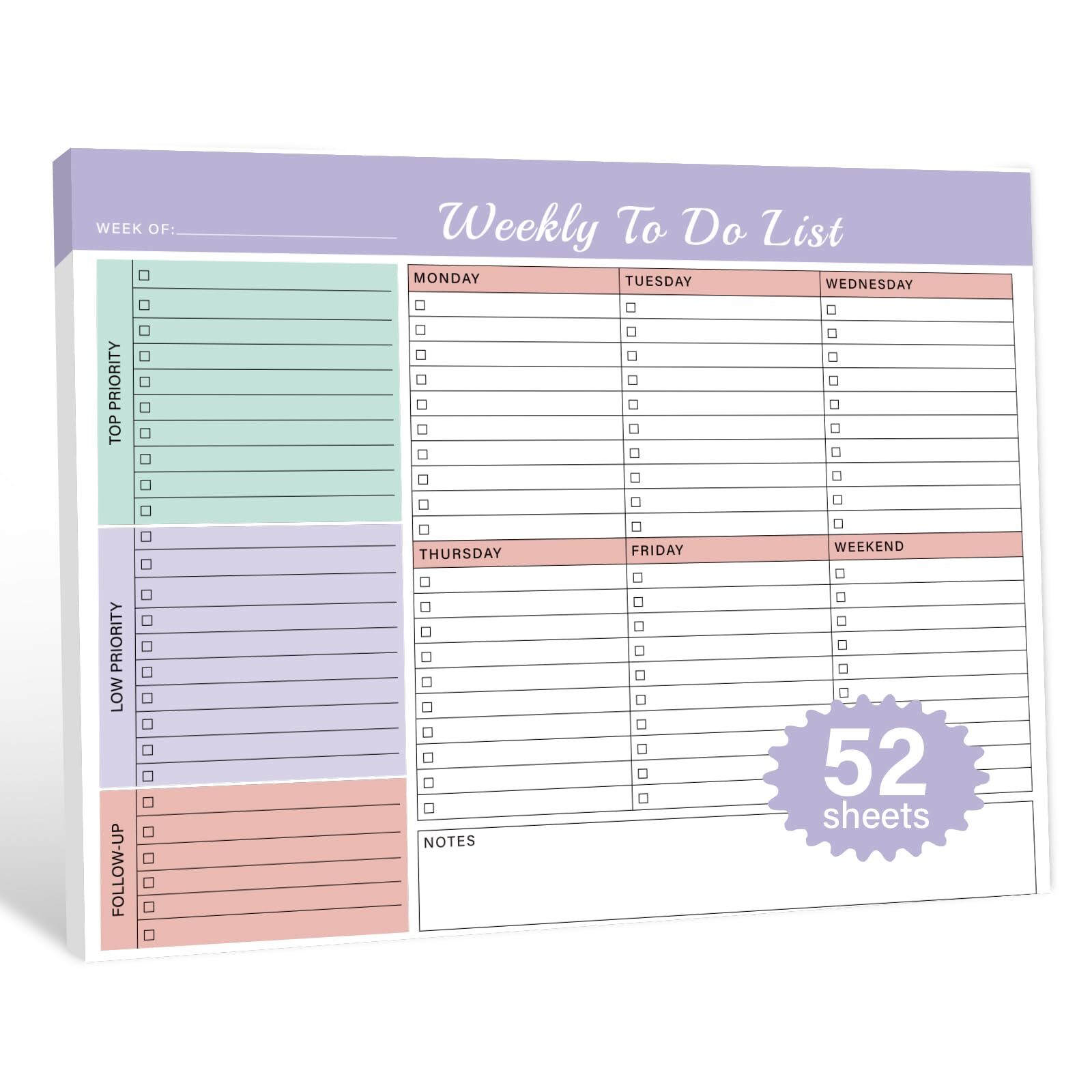 Weekly To Do List Notepad with 52 Undated Tear Off Sheets（8.5