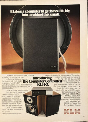 1979 KLH-3 Analog Bass PRINT AD Computer Controlled Speaker System VTG 1970s