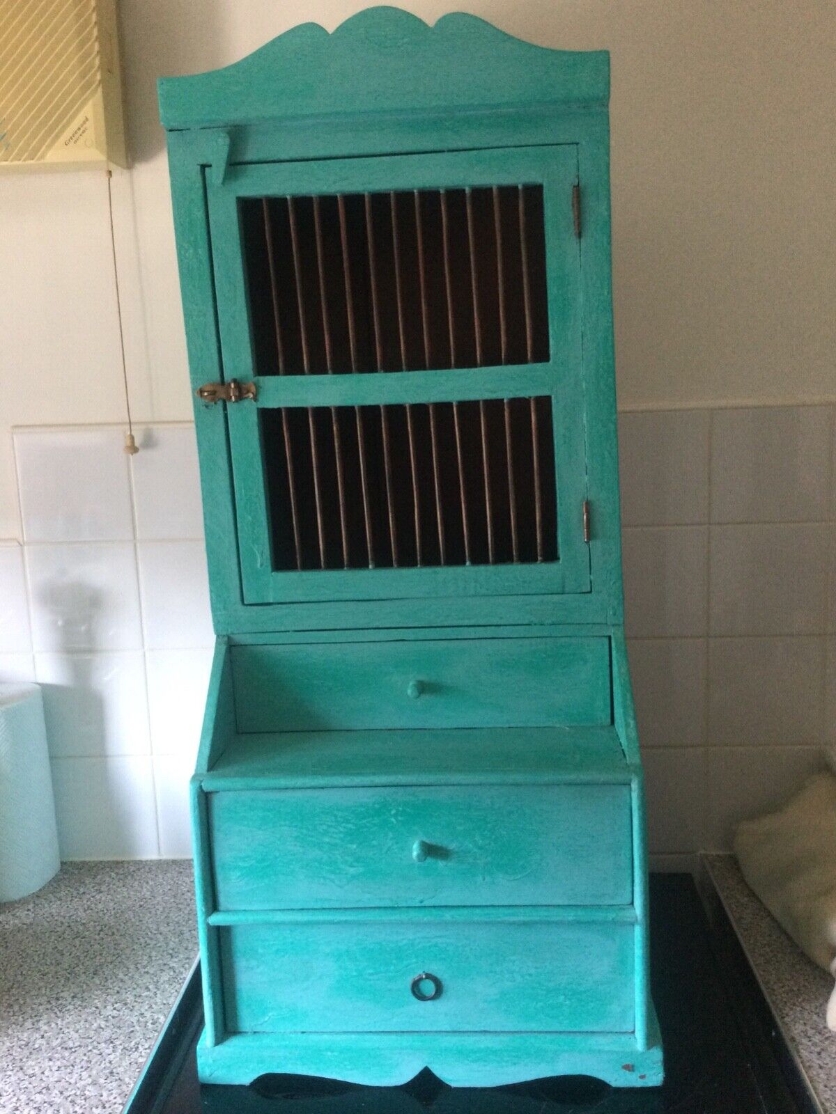 Vintage Teal Indian Spice cupboard cabinet with copper bars