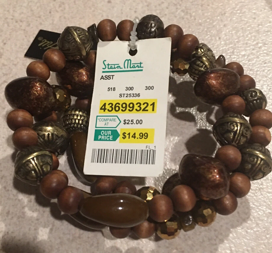 Birch Hill New Brown Beads Wood Gold 3 Coil Cuff Wrap Bracelet Made in USA Tags - Image 2 of 4