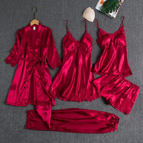 5PC Silk Womens Lace Satin Gown Set V-Neck Nighties Wear Home Nightdress Spring - Picture 5 of 16