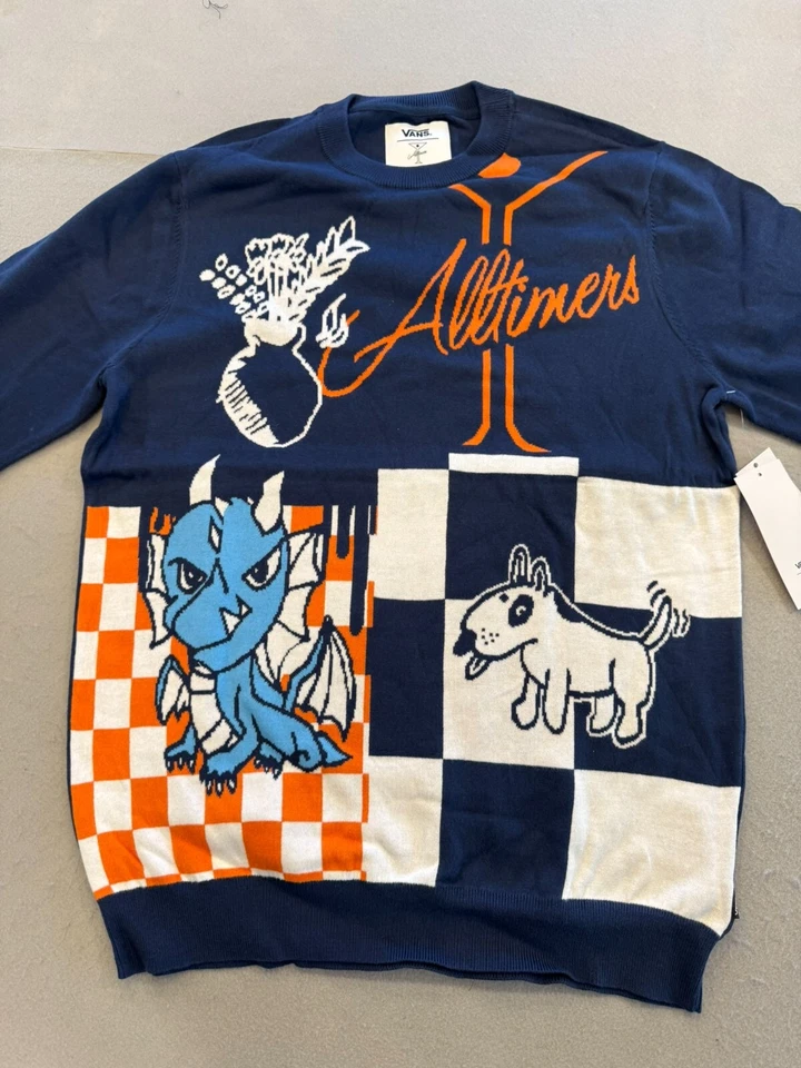 Vans Sweater Men's Large New Alltimer Blue Knit Printed Pullover Crew MSRP $110 - Image 4 of 4