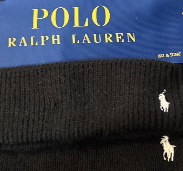 Polo Ralph Lauren set cappello e sciarpa maglia a costine nero grigio set 2 pezzi nuovo con etichette bianco pony