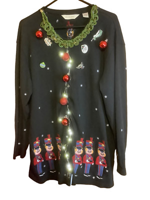 VTG BECHAMEL Novelty Embroiled Nutcracker Light up Ugly Xmas Sweater Cardigan L