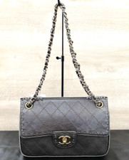 CHANEL Brown Leather Stitch Double Chain Shoulder Bag Authentic