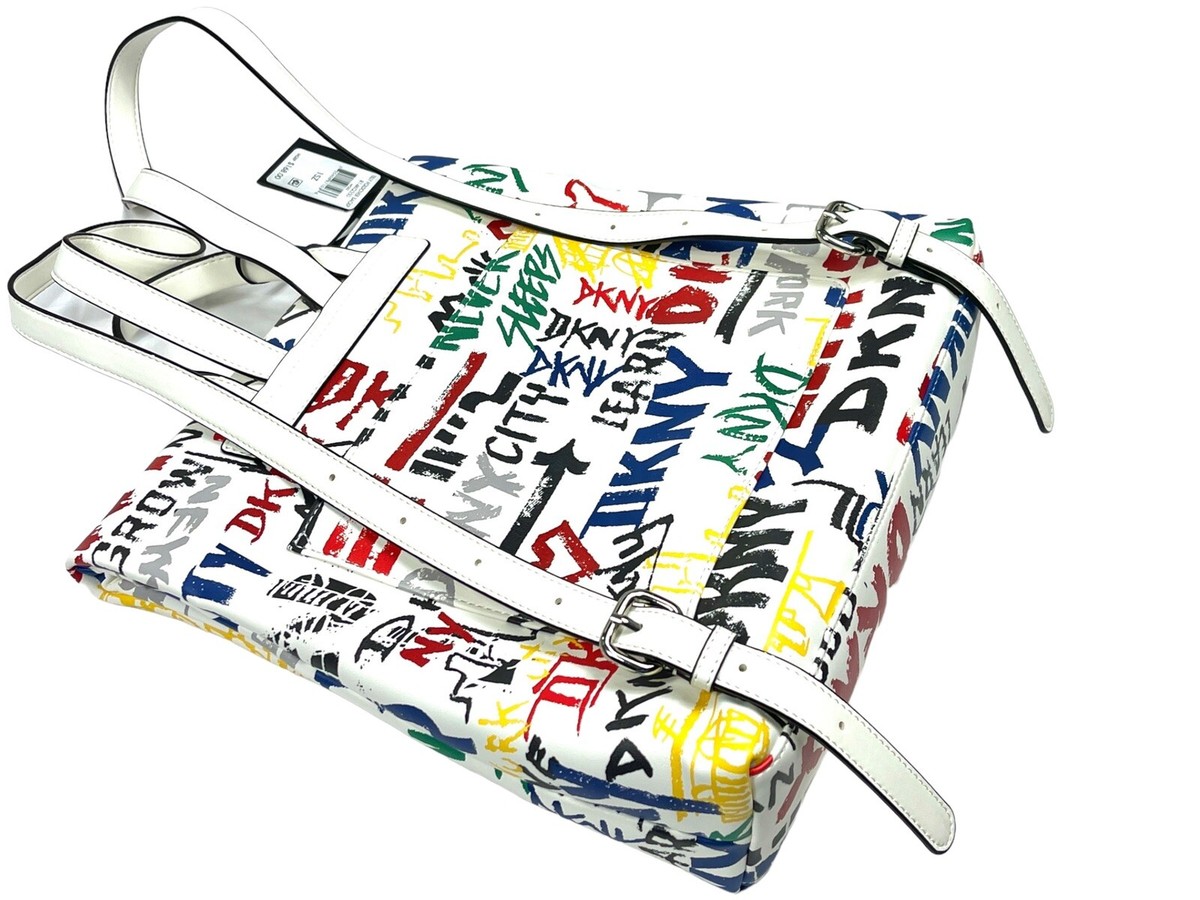 DKNY Graffiti Backpack Bag Tilly Fold-over White Multi Color 