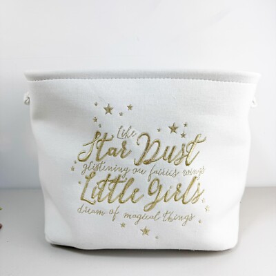 Cream Canvas Storage Bin For Little Girl Nursery Bedroom Playroom Gold Thread