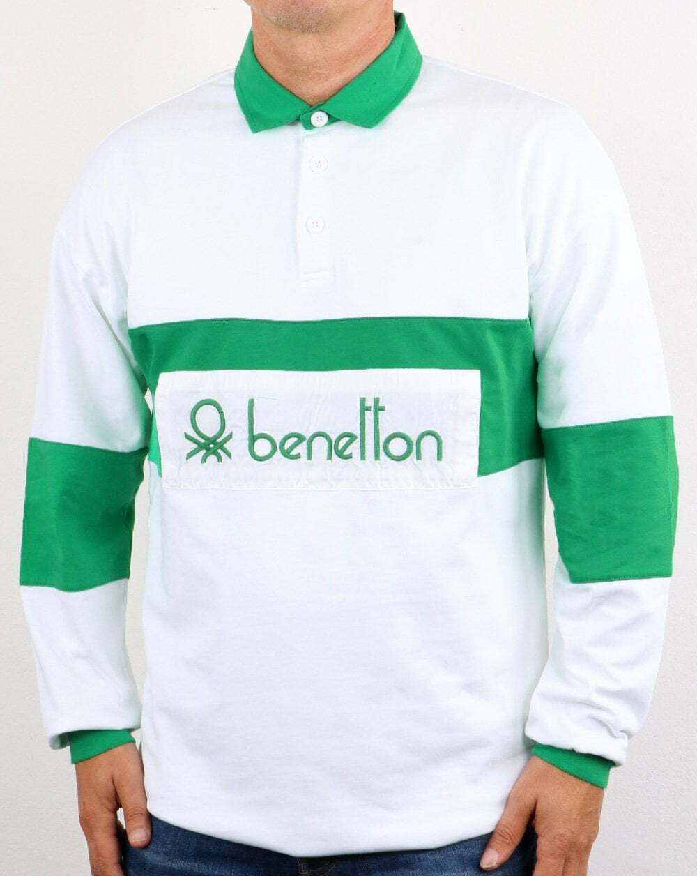 Benetton Rugby Shirt in White \u0026 Green 