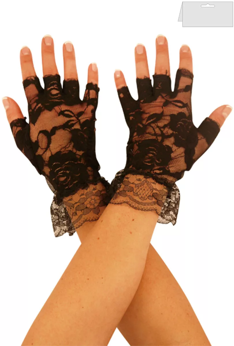 Ladies Fingerless Gloves Black Stretch Madonna lace Gloves Wedding Fancy Dress