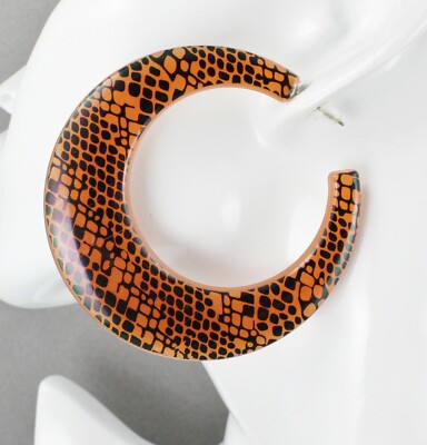 Orange Black snake lizard print plastic hoop earrings wide hoops 2.5'' across