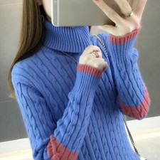Women Cable Knit Sweater Jumper High Neck Pullover Knitwear Warm Splice