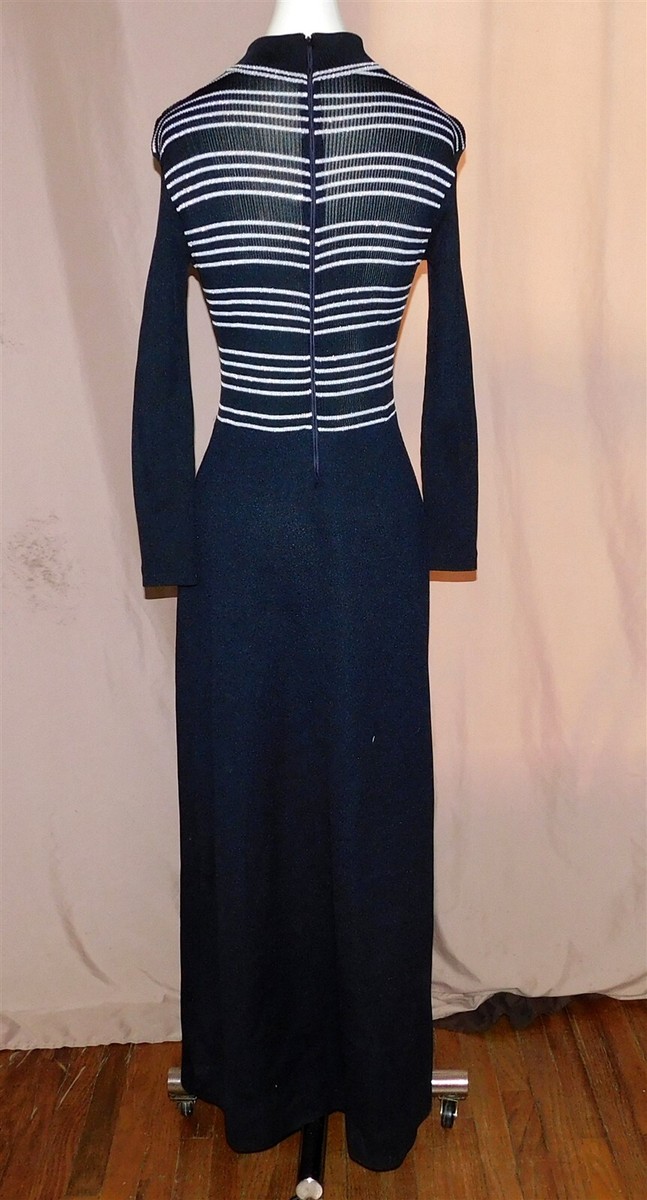 Vtg 1970s Evan Wayne Rib Knit Maxi Dress Long Black and Silver  