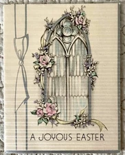 Vintage Easter Art Deco Pink Roses Arch Window Flowers Greeting Card 1920s 1930s
