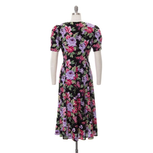 Vintage 1990s Shirt Dress 90s Metallic Floral Rose Print Black Pink Grunge Midi - Picture 5 of 10