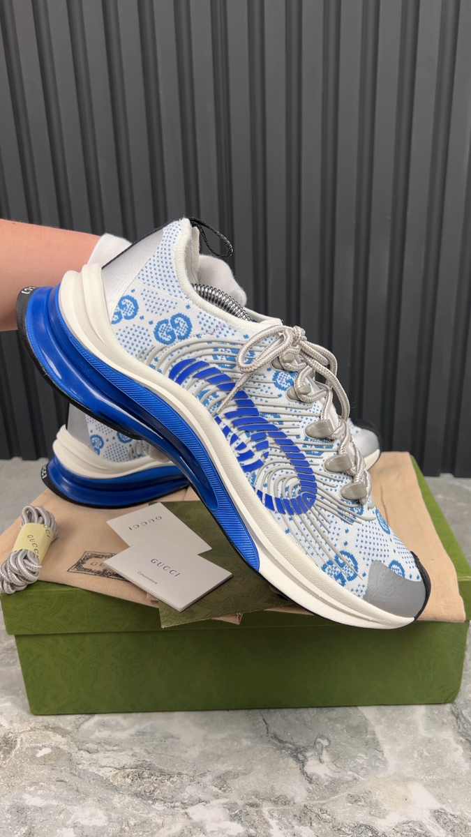 NEW Gucci Run Exclusiv GG Monogram Sneakers White Blue Fabric 10 G