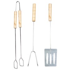 BBQ Grill Tool Set 3 - Steel Piece with Wooden Handles - Tongs, Fork, Spatula