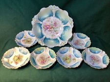 LOVELY Antique RS PRUSSIA Floral 7 Pc Porcelain FRUIT Salad BOWL & Berry Bowls