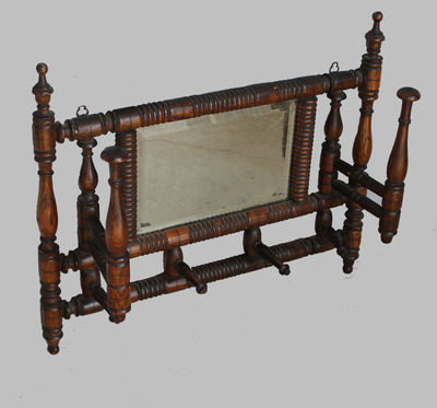 Fancy Antique Oak Adjustable Hat Rack with beveled mirror – wall