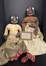 2 Vintage Folk Art Primitive Rag Cloth Dolls Americana Bestest Friends 36in Tall