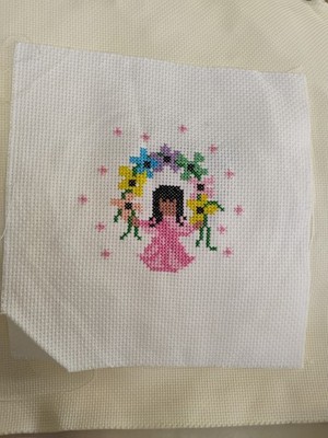 DeGrazia Girl Skipping Floral Rope Cross Stitch finished 8.5/8.5 not framed