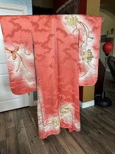 Furisode Kimono And Obi Belt Silk Embroidery Chrysanthemum Floral Silver Japan