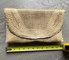 Women s Beige Woven Clutch Bag w/ Braided Accents, Snap Closure, Brown Lining