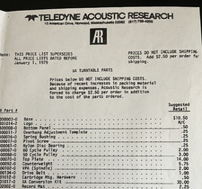 TELEDYNE AR XA TURNTABLE 1979 PARTS PRICELIST COPY 1 page JO1318