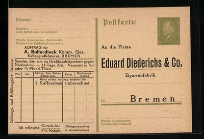 AK Bremen, cigar factory Eduard Diederichs & Co., order for Bullerdieck, Gan 