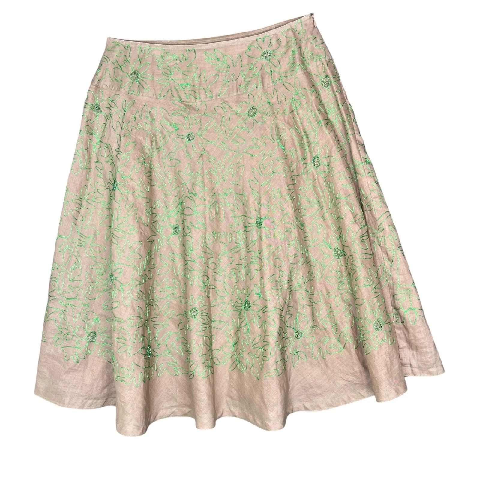 Carole Little Linen Skirt Green Floral Beaded Embroidery 8 Fairy Grunge 90s Y2K