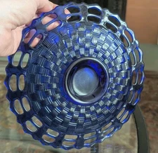 Vtg Fenton Basket Weave Colbalt Blue Open Lace Edge Plate 7.5" Round Serving