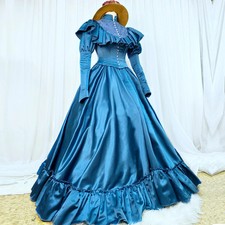 Teal Satin Victorian Gown Ruffled Puff Sleeve 19th Century Historical Costume