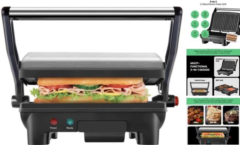 Electric Panini Press Grill, Compact 2-Slice Sandwich Maker, Non Black 2 Slice