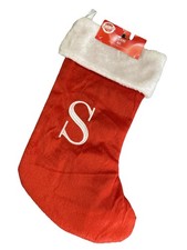 Letter S Monogrammed Red Christmas Stocking, Furry White Top  Loop for Hanging