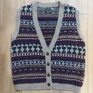 Pull Gilet Vintage Femme XL – Tricot Motif Abstrait – Boutons – Cardigan