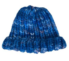New Handmade Cap Girl's Winter Beanie Hat Chunky Knit Cuffed Blue Size S/M