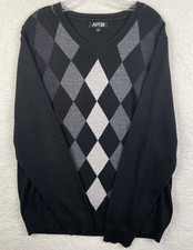 APT 9 Sweater Mens Sz L Black Wool Blend V-Neck Argyle Pullover