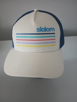 Slalom Retro Stripe Trucker Hat White Blue Snapback Vintage Style Cap EUC