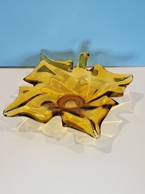 Vintage AMBER ART GLASS Leaf Shaped Ashtray MCM Style