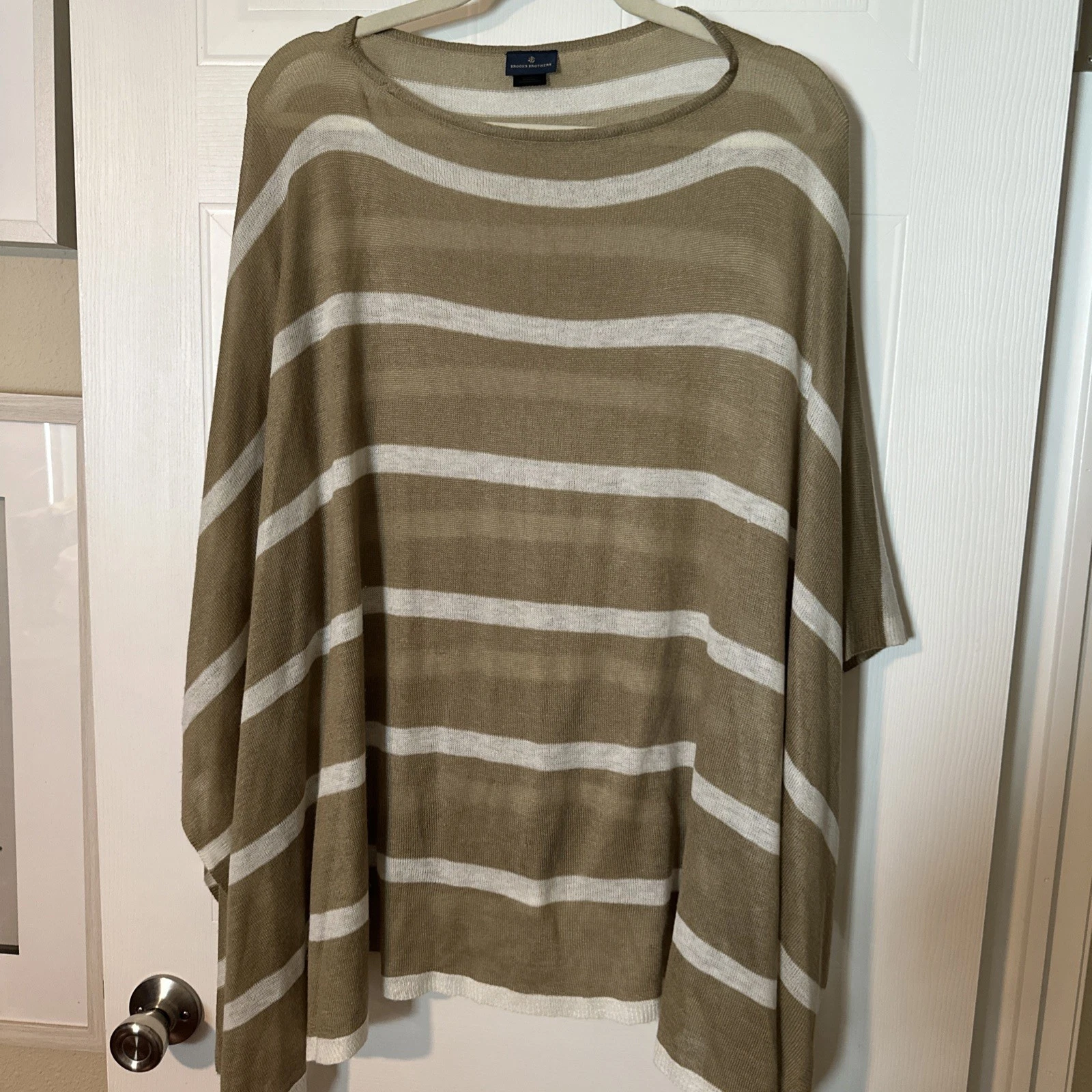Brooks Brothers Drape Shawl Women's Tan White Stipe Poncho Cardigan Cape