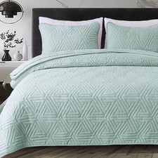Soft Queen Size Quilt Set for All Seasons, 3-Piece Ultrasonic Geometric Quilt...