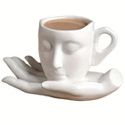 Face Carved Ceramic Cup, Creative Carved Coffee Cup, with Saucer And Spoon