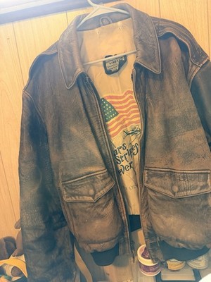 Vintage AVIREX Brown Leather Bomber Jacket Men s XL Zip Front Lined Pockets