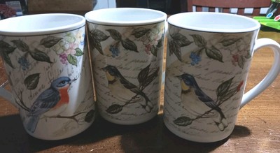 Set of 3 AMERICAN ATELIER ''MORNING SONG'' #5071 PORCELAIN BIRD CUPS/MUGS