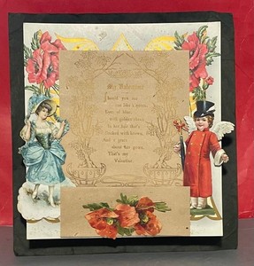Large Antique Valentine On Easel 11" X 12" Angel Boy W/ Top Hat Pretty Lady
