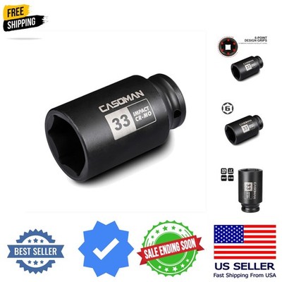1/2'' Drive x 33 mm Deep 6 PT Impact Socket, CR-MO, 1/2-inch Drive 6 Point Axl...
