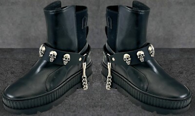 Skull Head Genuine Leather Bootstrap Chain Bikers Costume Punk Goth Western USA
